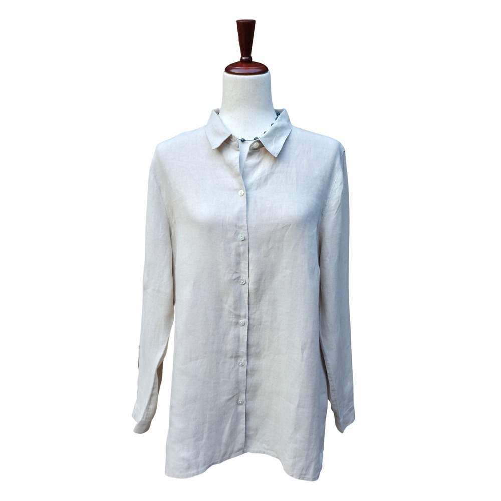 J. Jill Love Linen Button Down L Beige Coastal Minimalist Oversize Long Sleeve - Picture 9 of 13